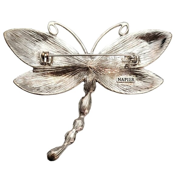 Napier Silver-Tone Green Blue Rhinestone Enamel Dragonfly Brooch Pin Signed E913 - Picture 5 of 9